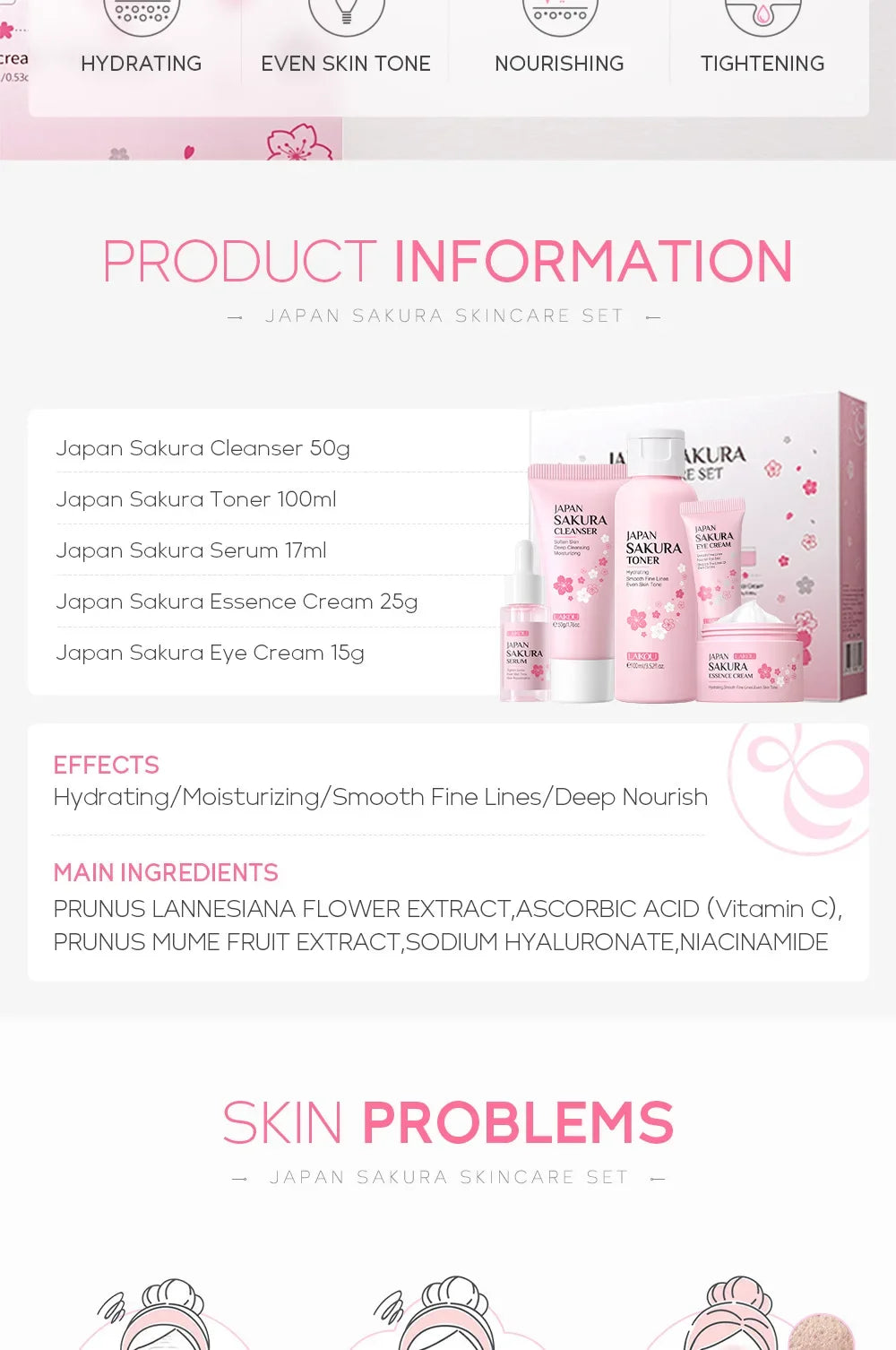 Ensemble de soins de la peau LAIKOU Sakura Kit hydratant et réduisant les ridules, produit nettoyant pour les pores, coffret de 5 pièces, cadeau de la Journée des femmes coréennes