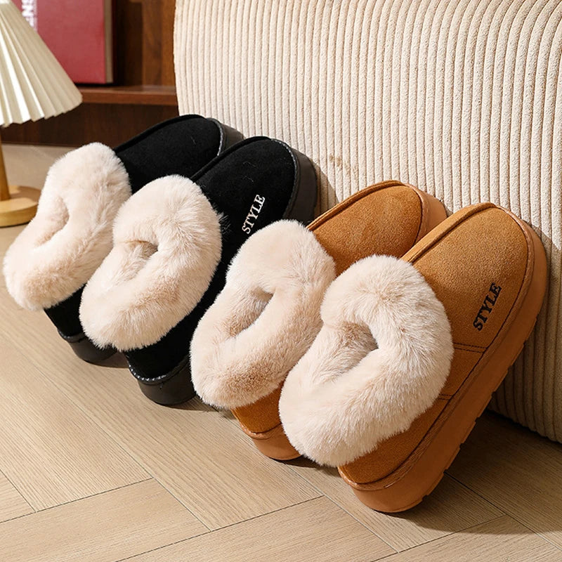 Pantoufles moelleuses pour femmes et hommes, chaussures d’intérieur d’hiver doublées en peluche, semelle épaisse antidérapante, bottes de neige chaudes, chaussures en coton duveteuses pour la maison