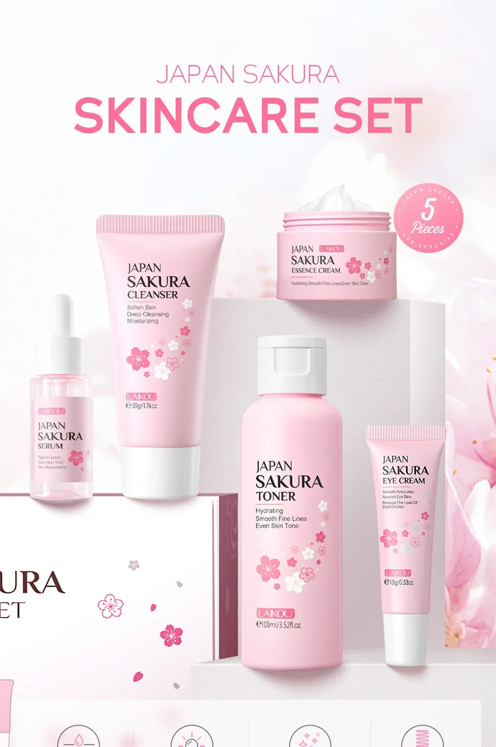 Ensemble de soins de la peau LAIKOU Sakura Kit hydratant et réduisant les ridules, produit nettoyant pour les pores, coffret de 5 pièces, cadeau de la Journée des femmes coréennes