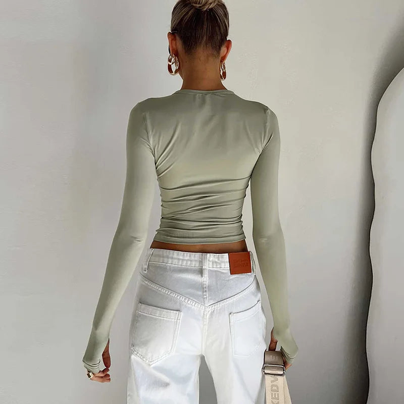 T-shirt femme mode à manches longues, col rond, uni, coupe slim, crop top pour femmes avec trous pour les pouces, pour le quotidien, streetwear d’été, camisoles