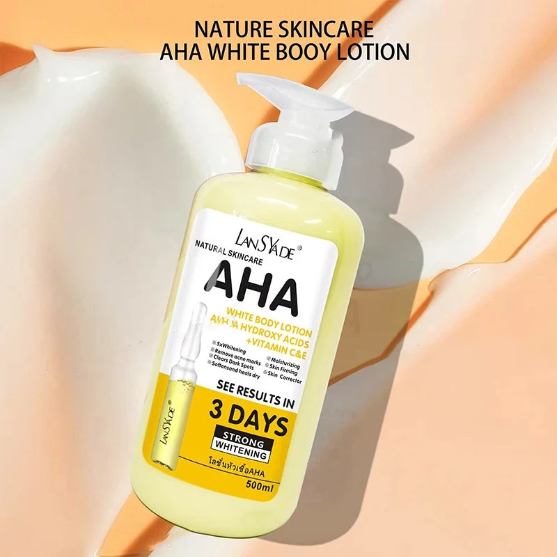 Crème corporelle blanchissante 500 ml aux acides hydroxy AHA, vitamines C&E, lotion corporelle hydratante éclaircissante, élimine les marques d’acné, soin de la peau