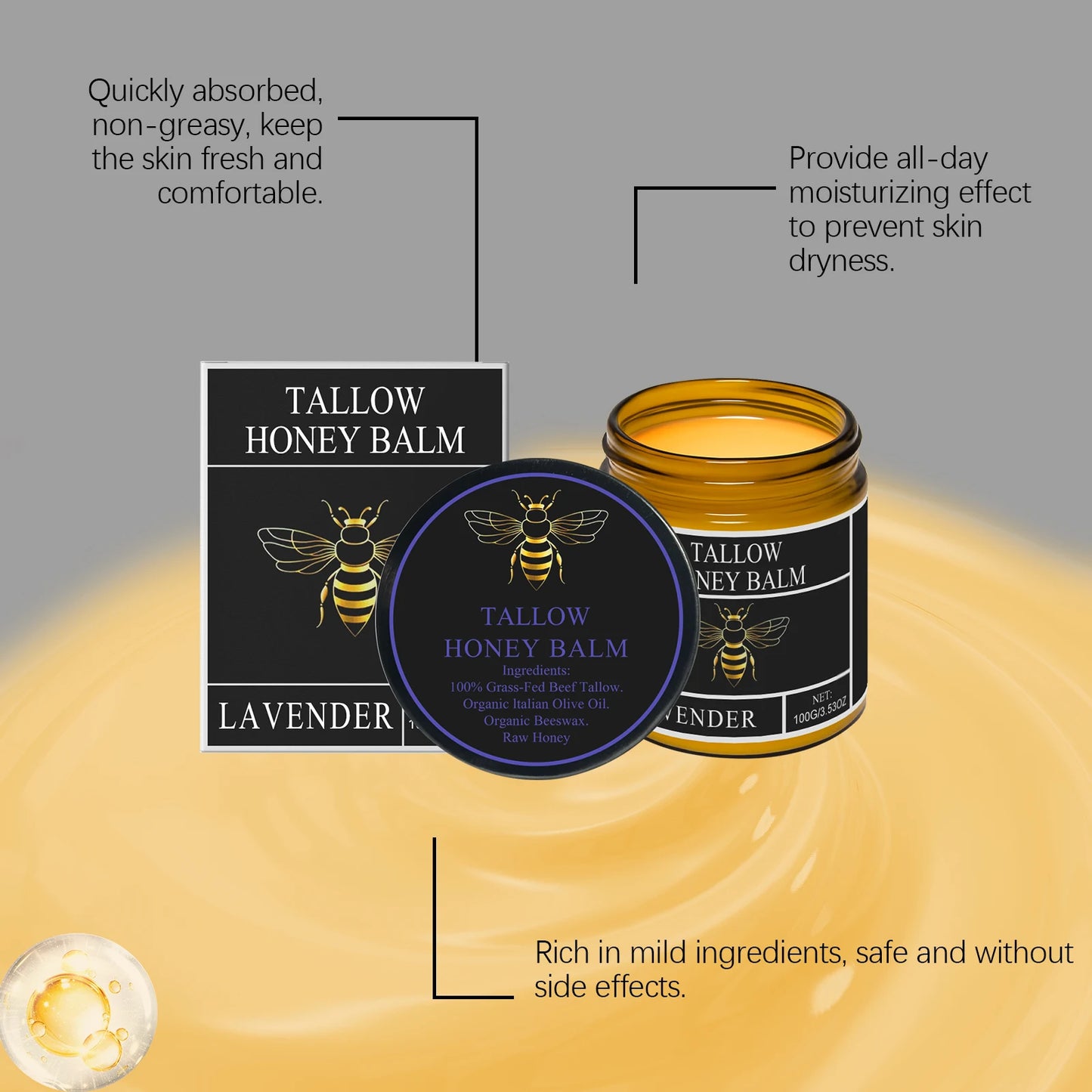 Lotion corporelle apaisante à la crème de miel et suif de bœuf, éclaircissante, atténuant les taches brunes, réduisant la mélanine, raffermissante, non grasse, hydratation durable.