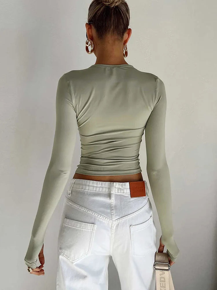T-shirt femme mode à manches longues, col rond, uni, coupe slim, crop top pour femmes avec trous pour les pouces, pour le quotidien, streetwear d’été, camisoles
