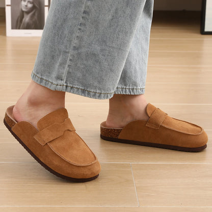 Litfun Nouveaux sabots pour femmes, mules en suède de liège tendance pour femmes, chaussons classiques en liège antidérapants pour l’extérieur avec soutien de la voûte plantaire