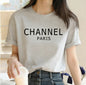 Marque de luxe, T-shirt graphique pour femmes lavable en machine, mode décontractée et élégante CHANNEL, haut à col rond à manches courtes, vêtements pour femmes