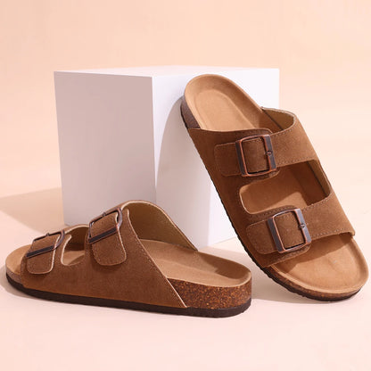 Smile Pop Classic Arizoan Hommes Chaussons en daim Hommes Sabots Sandales en daim de vache d’extérieur antidérapantes avec brides à boucles réglables