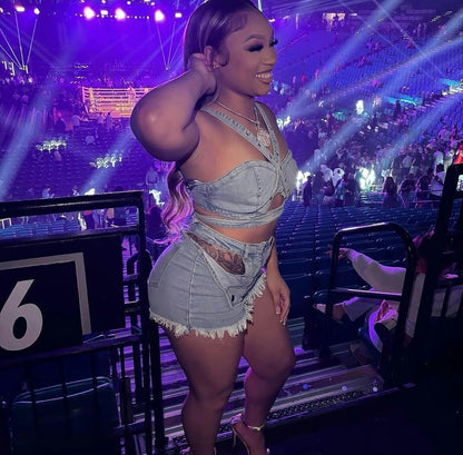 Ensemble short en jean sexy pour femmes, haut court en denim à bretelles et short découpé, vêtements d’été 2025, streetwear, tenue de club deux pièces