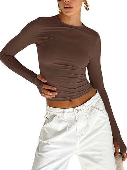 T-shirt femme mode à manches longues, col rond, uni, coupe slim, crop top pour femmes avec trous pour les pouces, pour le quotidien, streetwear d’été, camisoles
