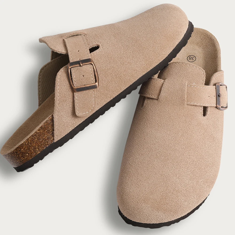 Litfun Nouveaux sabots pour femmes, mules en suède de liège tendance pour femmes, chaussons classiques en liège antidérapants pour l’extérieur avec soutien de la voûte plantaire