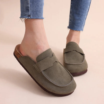 Litfun Nouveaux sabots pour femmes, mules en suède de liège tendance pour femmes, chaussons classiques en liège antidérapants pour l’extérieur avec soutien de la voûte plantaire