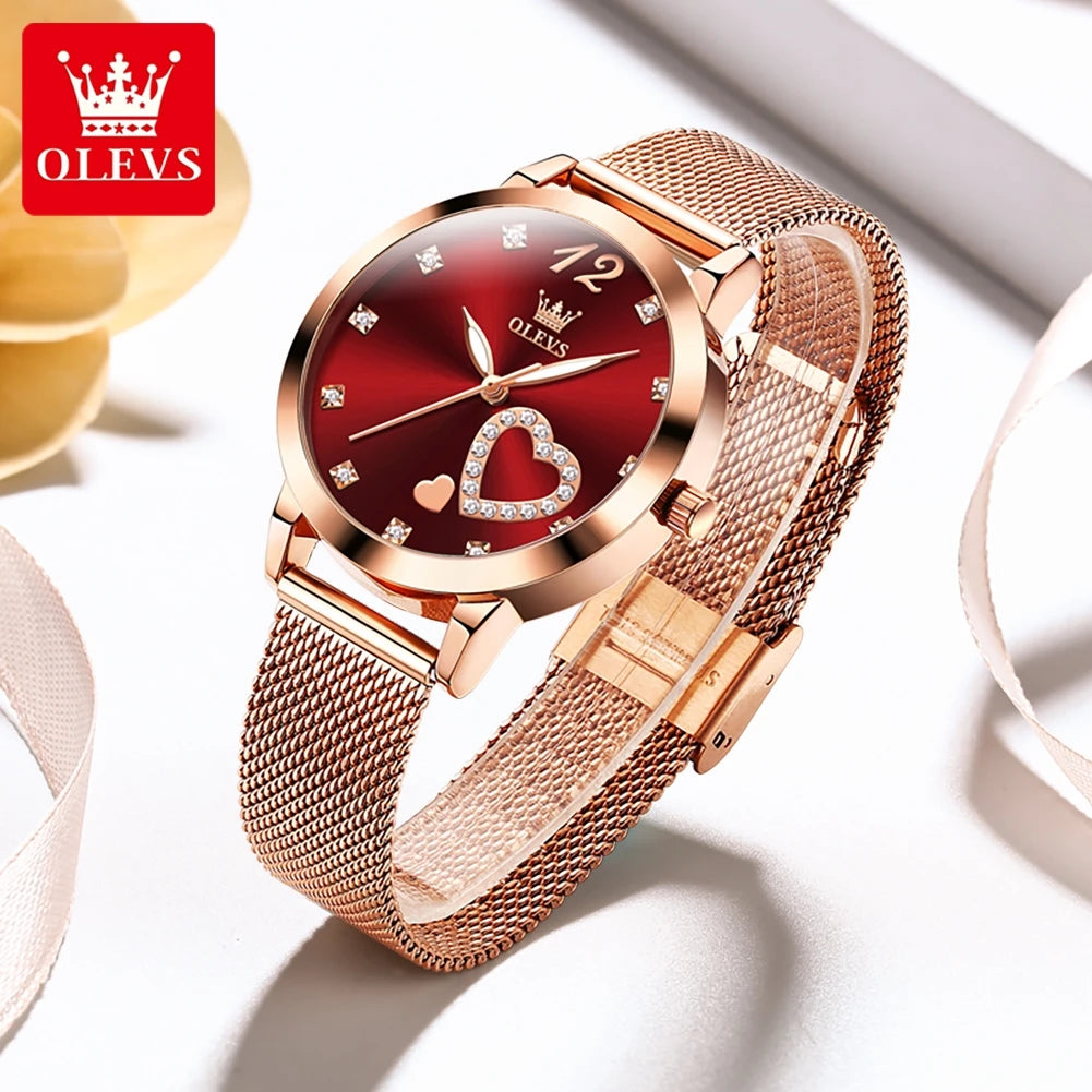 Montre pour femme OLEVS 5189, montre-bracelet à quartz, montre décontractée et tendance pour dames, étanche, lumineuse, bracelet en maille, cadran cœur, index en zircon.