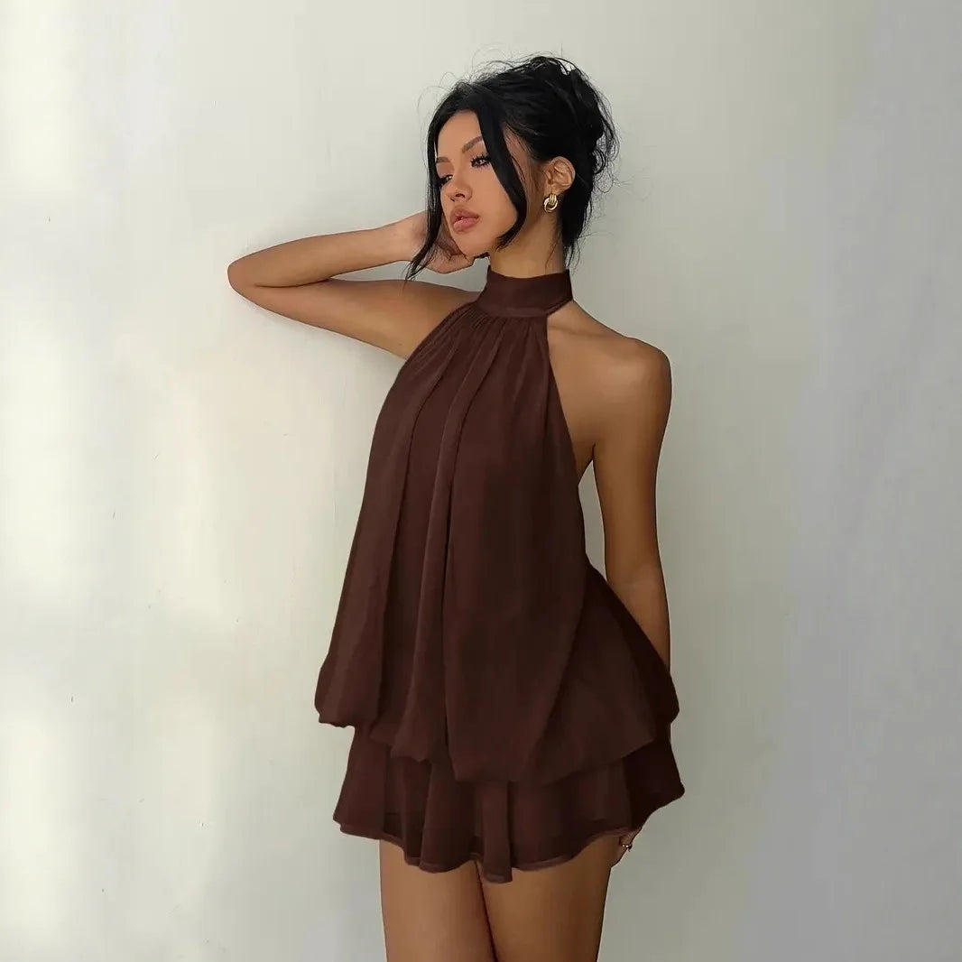 Robe à encolure licou pour femme, dos nu, en chiffon transparent à nouer sur le devant, mini-jupe, robe de fête tendance, sexy, Y2K, vintage, mignonne pour anniversaire