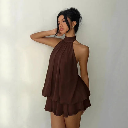 Robe à encolure licou pour femme, dos nu, en chiffon transparent à nouer sur le devant, mini-jupe, robe de fête tendance, sexy, Y2K, vintage, mignonne pour anniversaire