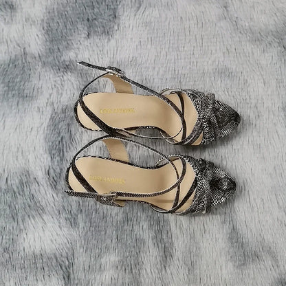 Sandales à plateforme pour femmes sexy 14 cm, défilés de mode, bout ouvert, talons hauts, stilettos à motif serpent, bride à la cheville, chaussures de soirée style gladiateur