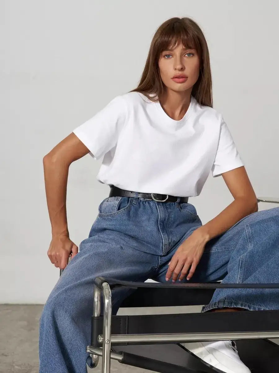 Bornladies Summer T-shirt femme 100 % coton, basique, tendance, uni, manches courtes, haut à superposer ample, 230 g/m², hauts et chemises