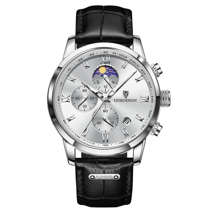 Montre-bracelet de luxe pour femme LIGE, bracelet en cuir, étanche, décontractée et sportive, à quartz, avec affichage 24 heures et phase de lune.