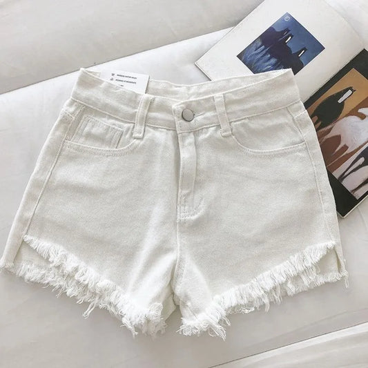 2026 Nouveaux shorts en denim pour femmes d'été taille haute à bords bruts couleur unie blanc noir bleu pantalons larges coréens Mon shorts