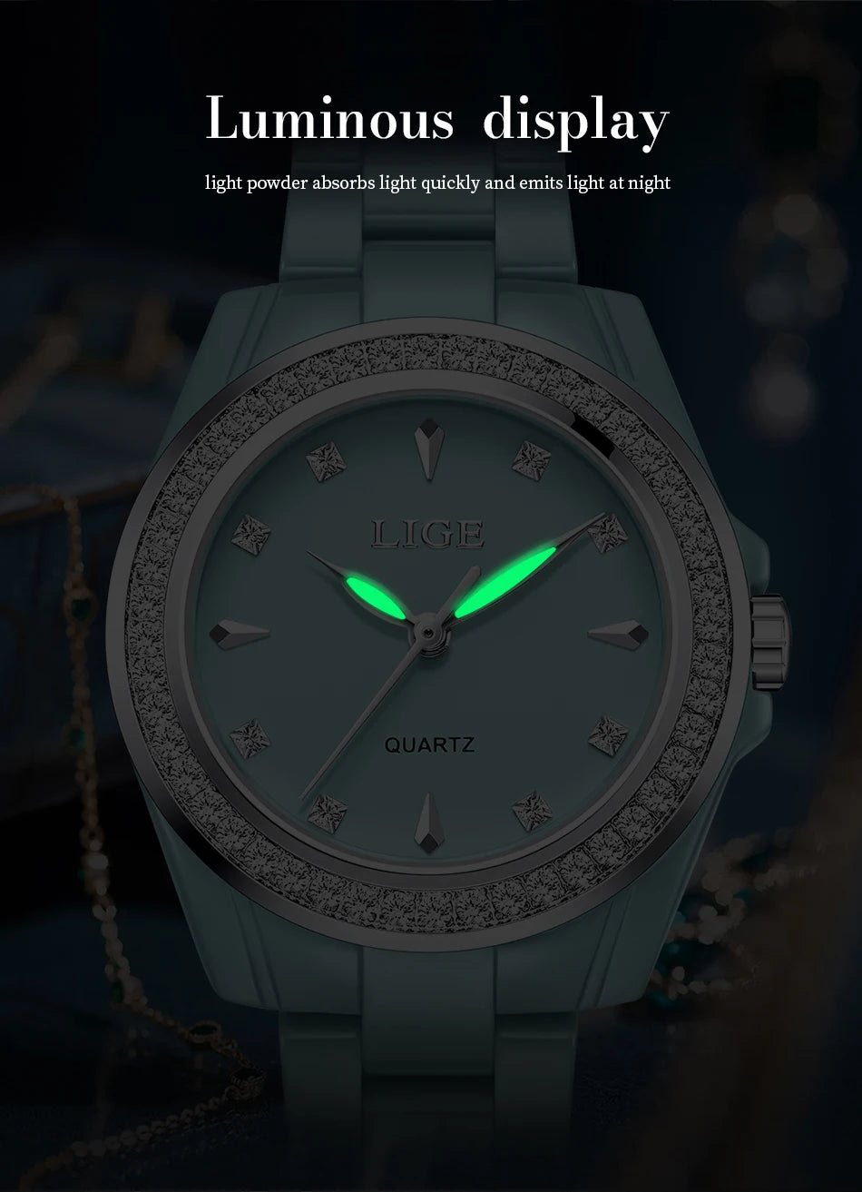 Montre pour femme LIGE 2026 nouvelle montre élégante en céramique à quartz, montre tendance étanche avec affichage lumineux, montre-bracelet pour femme + BOÎTE