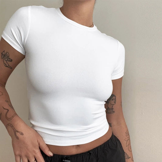 Vêtements pour femme T-shirt à manches courtes haut slim fit pour femmes col rond tee-shirt moulant en maille style streetwear sexy sportif 2024 Y2K nouveau 2410