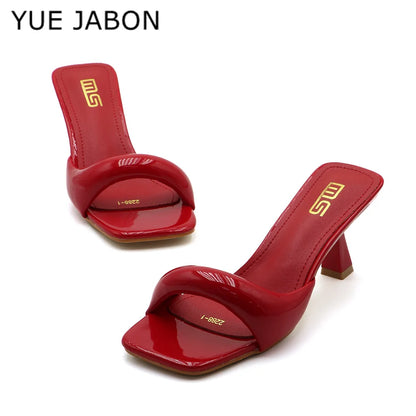 Nouvelles pantoufles pour femmes, sexy, en cuir, à bride arrière, talons aiguilles style romain, élégantes, talon original, bout carré, satinées, à enfiler, chaussures femme Zapatillas
