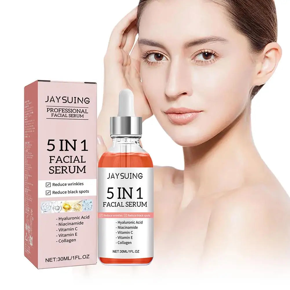 Sérum visage raffermissant 5 en 1 pour estomper les ridules, hydratant et éclaircissant, sérum facial à la vitamine C et à l’acide hyaluronique, resserre les pores, soin de la peau