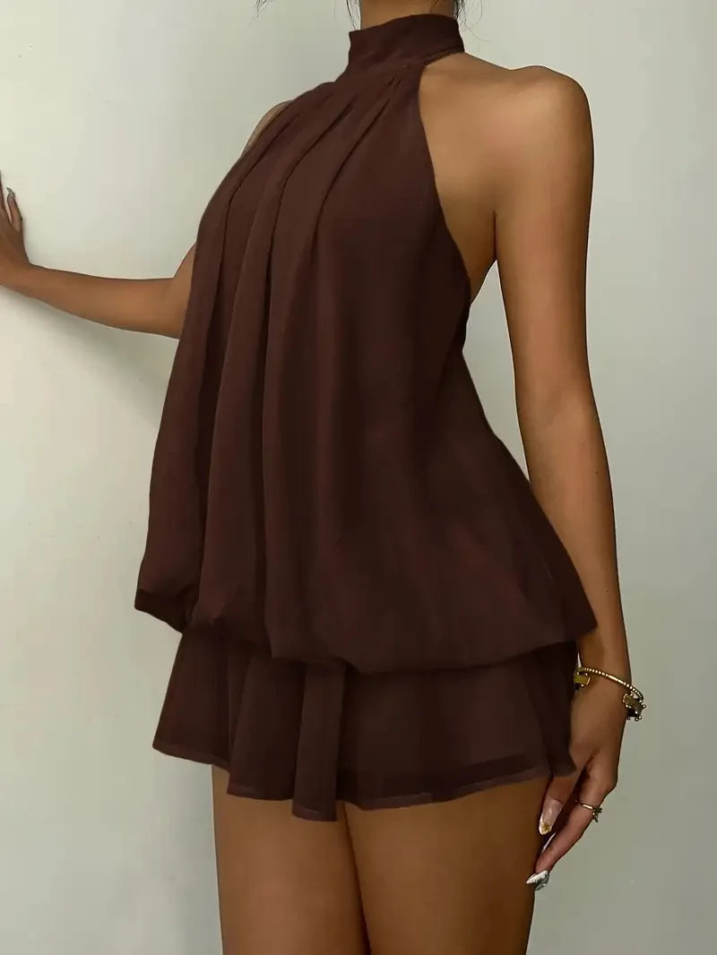 Robe à encolure licou pour femme, dos nu, en chiffon transparent à nouer sur le devant, mini-jupe, robe de fête tendance, sexy, Y2K, vintage, mignonne pour anniversaire