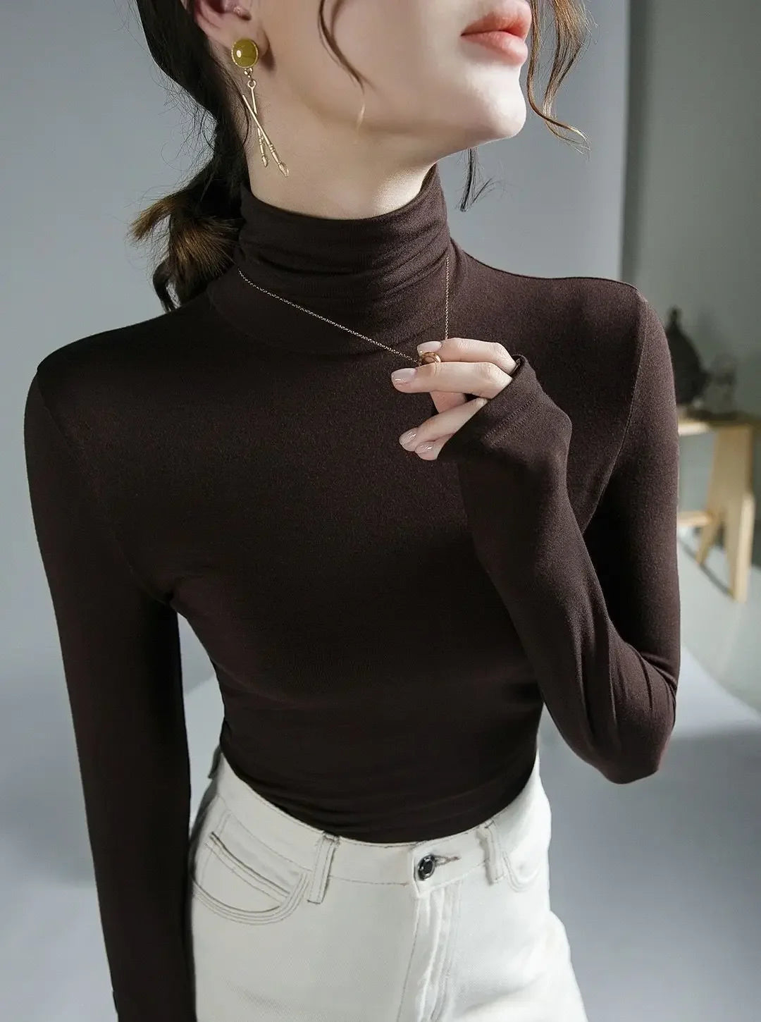 T-shirt femme à col roulé moulant vêtement 2025 haut noir pour femme t-shirt violet tee grunge esthétique simple pas cher stylé années 2000