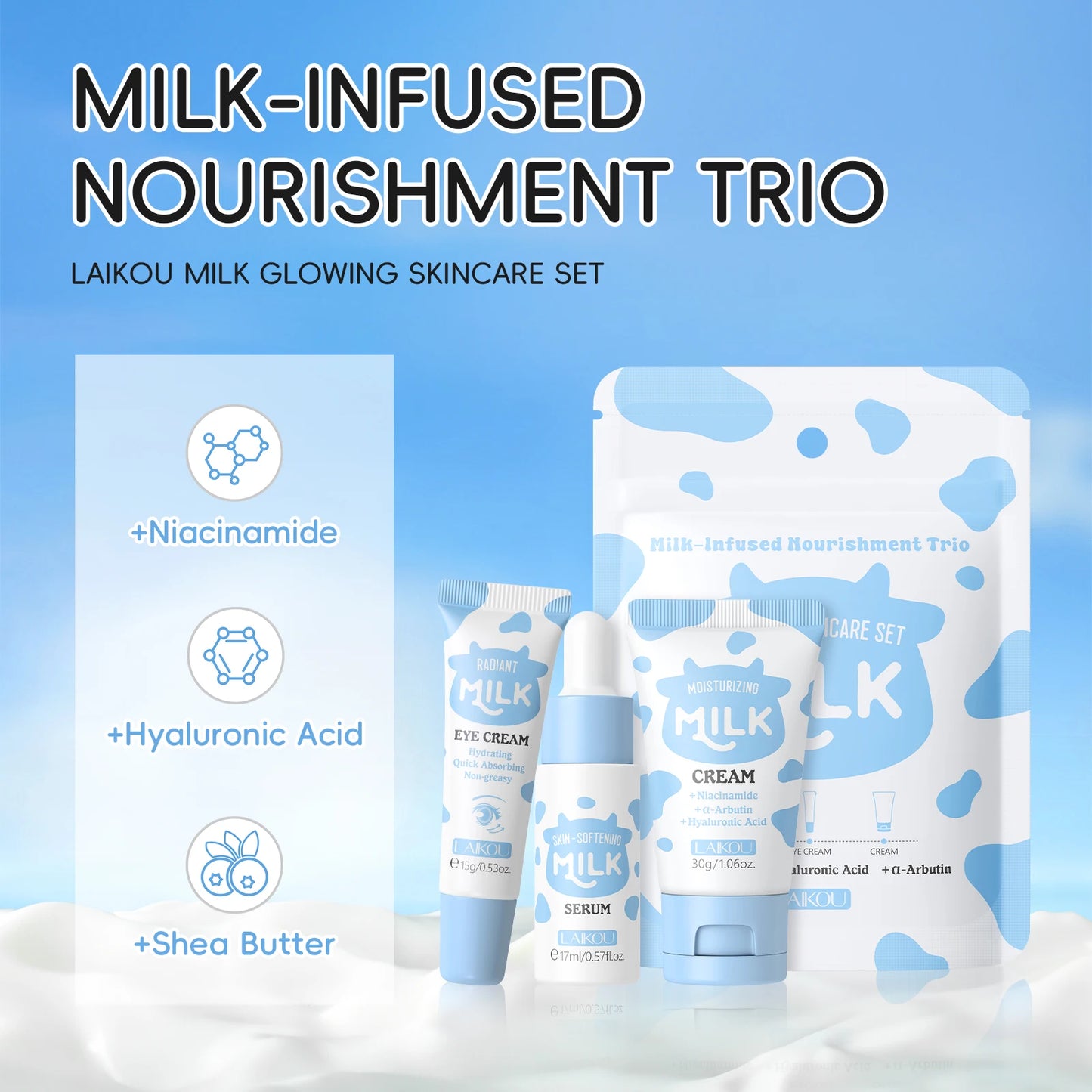 Coffret Trio Éclat au Lait LAIKOU – Kit de Nutrition Profonde, Soin Hydratant Non Gras avec Sérum, Crème Contour des Yeux et Crème Hydratante, Coffret Cadeau