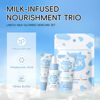Coffret Trio Éclat au Lait LAIKOU – Kit de Nutrition Profonde, Soin Hydratant Non Gras avec Sérum, Crème Contour des Yeux et Crème Hydratante, Coffret Cadeau