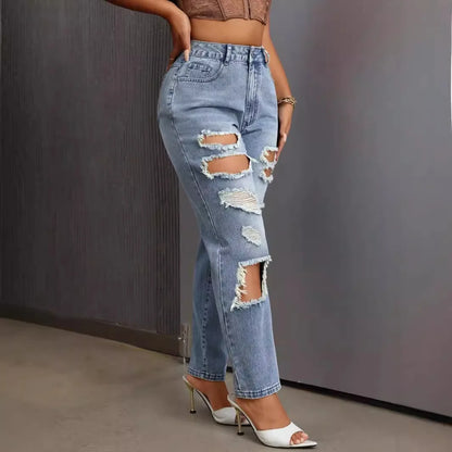 Mode européenne et américaine, jeans délavés et déchirés polyvalents et décontractés, nouveaux pantalons femme printemps-été à jambes étroites. Jeans 9 pouces