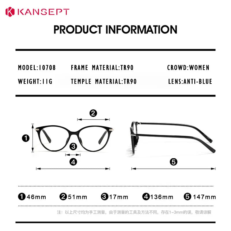 KANSEPT Lunette Lunettes de myopie pour femmes Lentilles optiques pour femmes avec prescription personnalisée Lunettes de vue Lunettes de lecture Lunettes femme degré