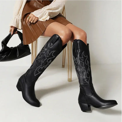 Bottes de chevalier à bout pointu pour femmes en cuir PU marron, bottes hautes jusqu’au genou pour femme, style western cowboy automne-hiver, longues bottes mujer 2024