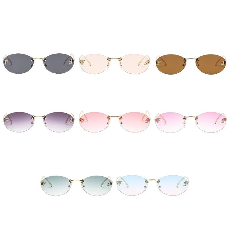 Lunettes de soleil de créateur de marque de luxe sans monture pour femmes, ovales rétro de petite taille, monture métallique, lunettes de soleil pour extérieur, style décontracté vacances, UV400 #300371