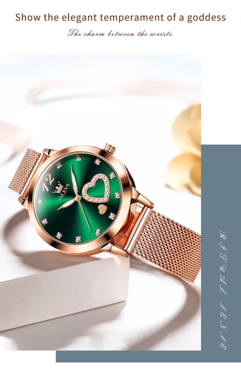 Montre pour femme OLEVS 5189, montre-bracelet à quartz, montre décontractée et tendance pour dames, étanche, lumineuse, bracelet en maille, cadran cœur, index en zircon.