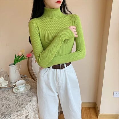 Pull femme automne-hiver 2026 à manches longues en maille, col roulé rabattable côtelé, doux et chaud, jumper pullover vêtements pour femme
