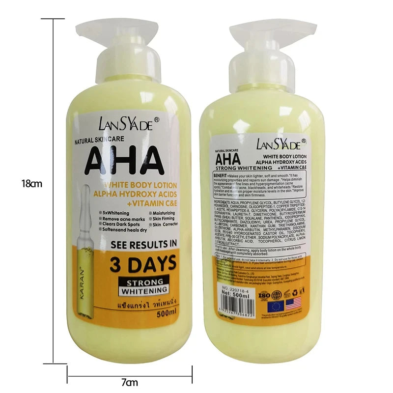 Crème corporelle blanchissante 500 ml aux acides hydroxy AHA, vitamines C&E, lotion corporelle hydratante éclaircissante, élimine les marques d’acné, soin de la peau