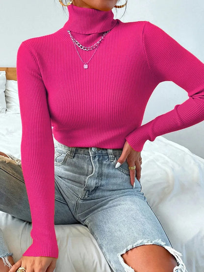 Pull femme automne-hiver 2026 à manches longues en maille, col roulé rabattable côtelé, doux et chaud, jumper pullover vêtements pour femme
