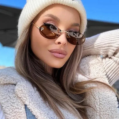 Lunettes de soleil de créateur de marque de luxe sans monture pour femmes, ovales rétro de petite taille, monture métallique, lunettes de soleil pour extérieur, style décontracté vacances, UV400 #300371