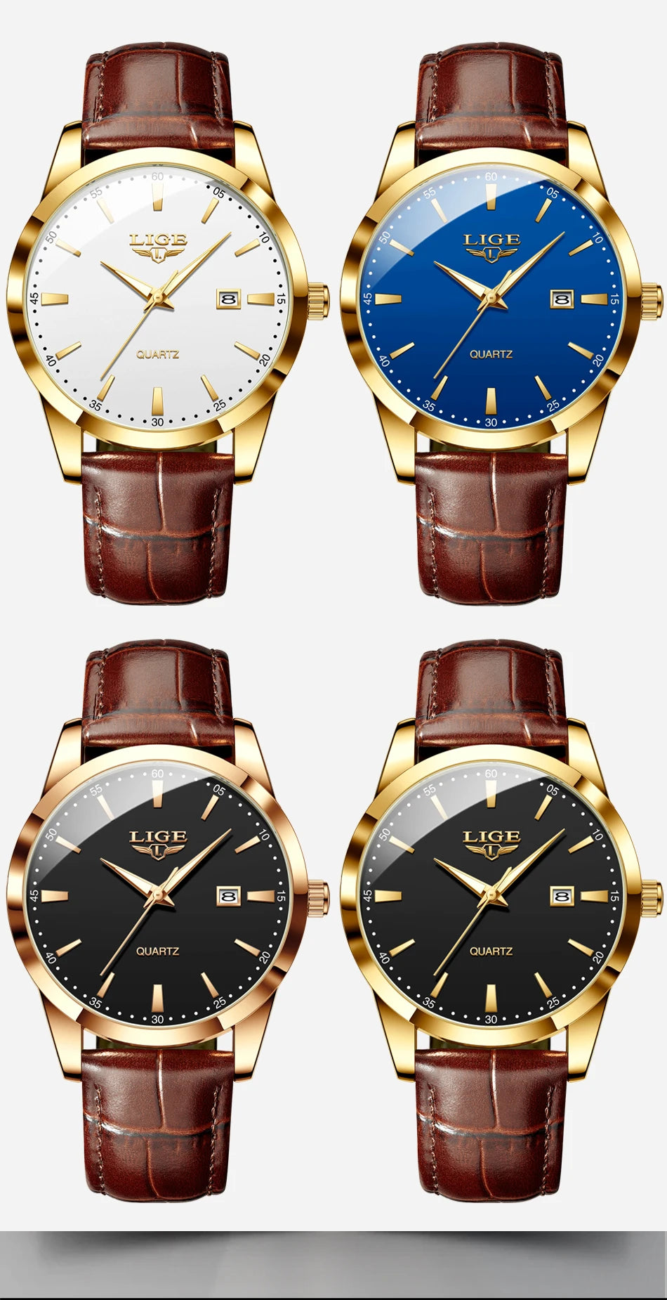 Montre Homme LIGE Nouvelle Montre de Luxe en Cuir Marron pour Homme, Montre Homme Mode Business, Montre Sport d’Extérieur Étanche à Quartz pour Homme