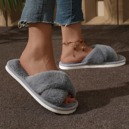 Pantoufles croisées chaudes, moelleuses et duveteuses pour femmes, légères, à talons plats, sandales en fourrure pour femme, automne-hiver, à bout ouvert, antidérapantes, chaussures d’intérieur pour la maison et le s