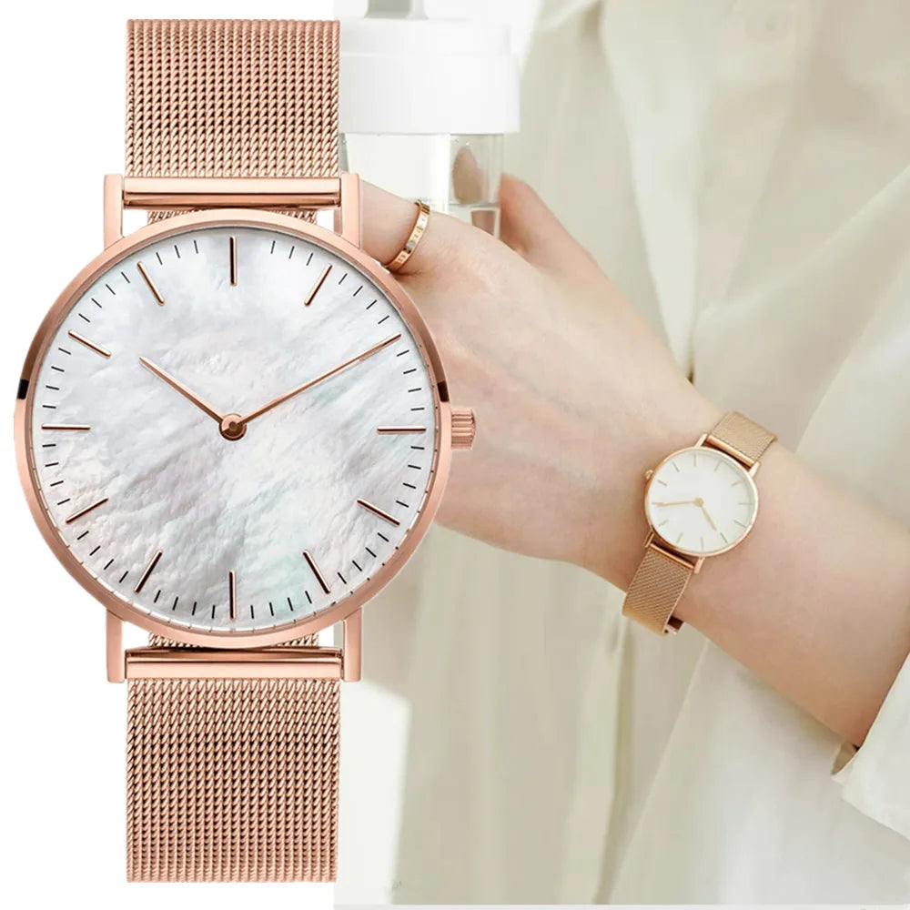 Montres pour femmes tendance de luxe à quartz en alliage pour femme, bracelet en maille métallique, montre simple pour femme, horloge féminine, montre femme