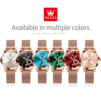 Montre pour femme OLEVS 5189, montre-bracelet à quartz, montre décontractée et tendance pour dames, étanche, lumineuse, bracelet en maille, cadran cœur, index en zircon.