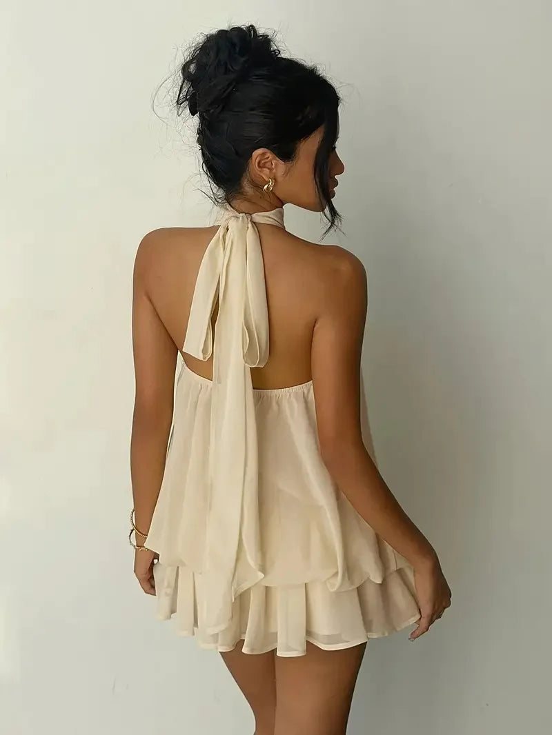 Robe à encolure licou pour femme, dos nu, en chiffon transparent à nouer sur le devant, mini-jupe, robe de fête tendance, sexy, Y2K, vintage, mignonne pour anniversaire