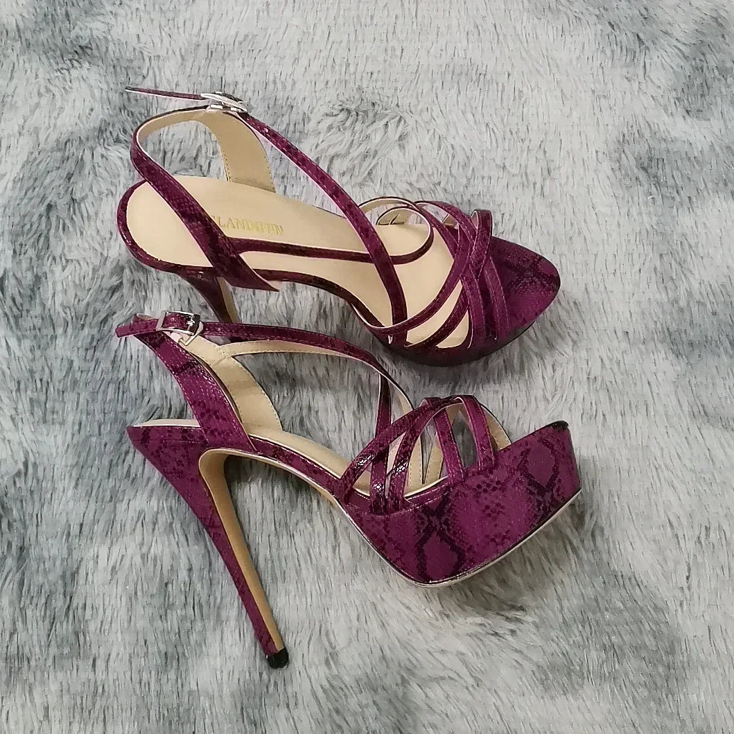 Sandales à plateforme pour femmes sexy 14 cm, défilés de mode, bout ouvert, talons hauts, stilettos à motif serpent, bride à la cheville, chaussures de soirée style gladiateur