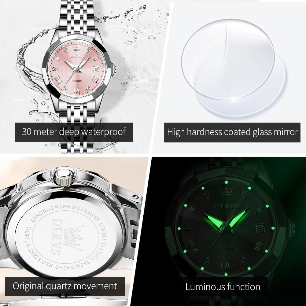 Montres pour femmes OLEVS élégantes et luxueuses avec bracelet en acier inoxydable, montre-bracelet à quartz originale pour homme, étanche, lumineuse, avec date, tendance habillée