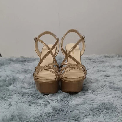 Sandales à plateforme pour femmes sexy 14 cm, défilés de mode, bout ouvert, talons hauts, stilettos à motif serpent, bride à la cheville, chaussures de soirée style gladiateur
