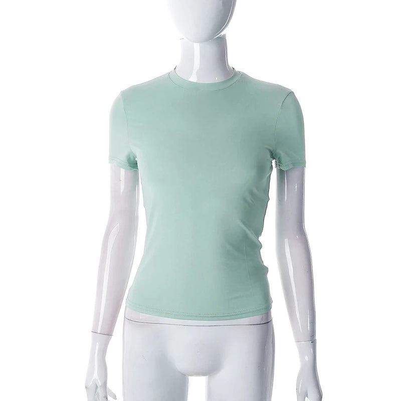 Nouveau t-shirt à manches courtes pour femmes printemps 2024, uni, simple, décontracté, doux, facile à assortir, tendance, haut court basique, t-shirt mode été.