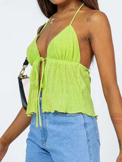 Hauts courts à col licou pour femmes été, hauts verts de couleur unie style bandage à devant ouvert, dos nu et sans manches, streetwear Y2K