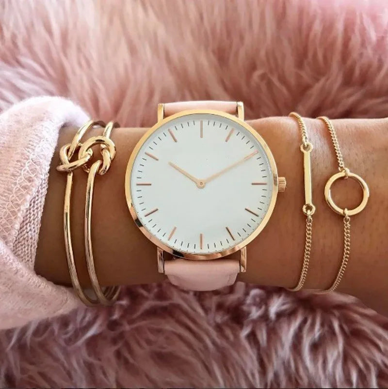 Montre élégante pour femme, simple, nouvelle collection 2023, rose et blanc, bracelet en cuir, montre-bracelet pour femme avec robe, montre féminine décontractée, idée cadeau tendance, Montre Femme