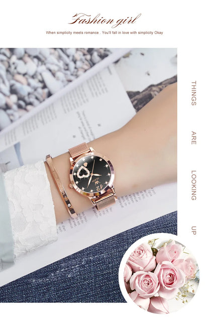 Montre pour femme OLEVS 5189, montre-bracelet à quartz, montre décontractée et tendance pour dames, étanche, lumineuse, bracelet en maille, cadran cœur, index en zircon.